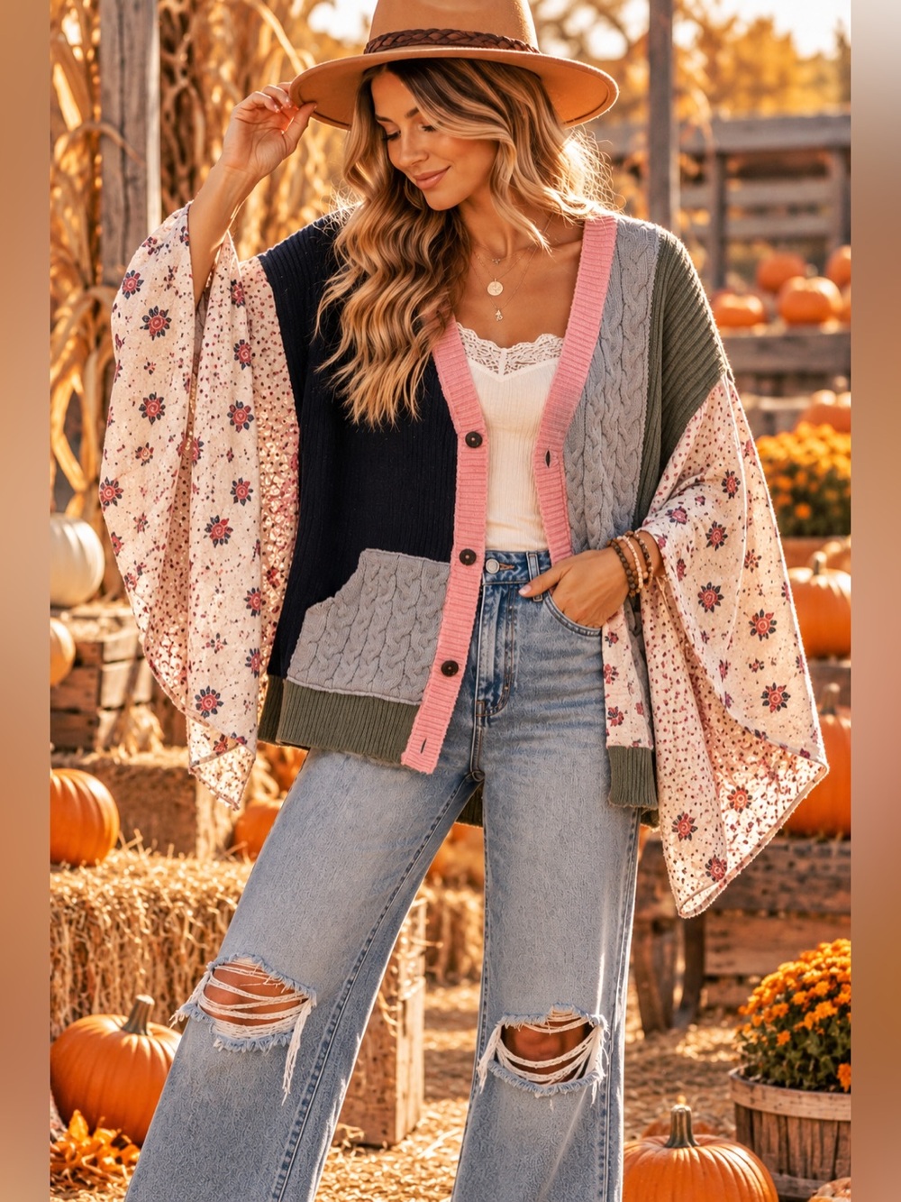 POL womans Patchwork V-Neck Cardigan Sweater with kimonos sleeves size M